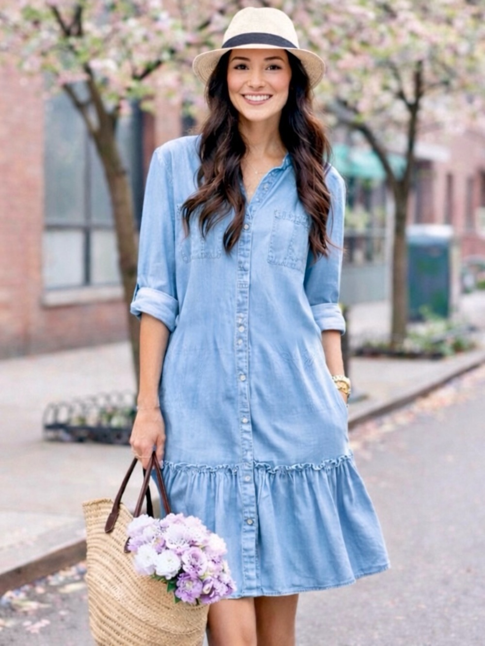 NWT Zara Chambray Button-Down Drop Waist Shirt Dress withRuffle Hem Size XS‎